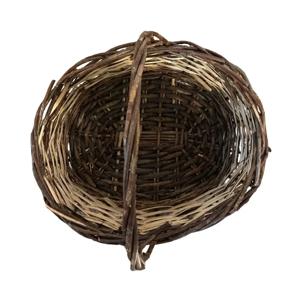 Vintage Rustic Woven Wicker‎ Basket Arched Handle Dark Wood Cottagecore Oval